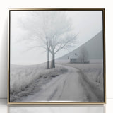 Winter scene with muted blue and white colors on a framed acrylic, mid-century modernist style.
