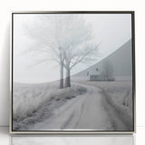 Winter scene in mid-century modernist style on a framed acrylic, featuring muted gray and silver tones.