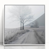 Winter scene in art deco style on acrylic, framed in white, with muted cool tones, ideal for nursery wall decor.