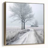 Winter landscape painting on framed canvas, featuring silver and gold tones, ideal for bedroom wall decor.