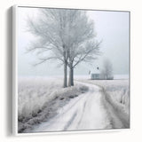 Framed canvas vintage poster art of a winter scene, featuring muted blue and white tones, ideal for living room decor.