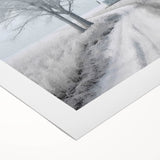 Art deco poster of a winter scene on rolled canvas, featuring muted blue and white tones, ideal for dining room wall art.