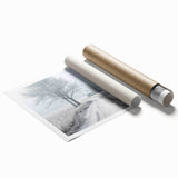 Winter-themed floral art on rolled print, featuring muted blue and white tones, ideal for classy bathroom wall art.