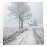 Winter scene in black and white on large stretched canvas, ideal for kitchen wall art or bedroom.