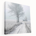 Winter scene with snow-covered trees on stretched canvas, featuring muted blue and white tones, ideal for kitchen wall art.