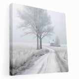 Winter scene with snow-covered trees on stretched canvas, featuring muted blue and white tones, ideal for kitchen wall art.