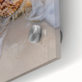 Large abstract wall art in mid-century modernist style, featuring vibrant orange and blue tones on acrylic glass.