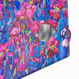 Large abstract wall art on acrylic glass, featuring swirling blue and yellow tones in a mid-century modernist style.