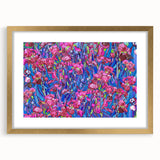 Abstract art print featuring swirling blue and yellow patterns, framed in gold, suitable for bedroom or dining room decor.