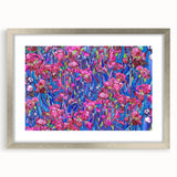 Extra large abstract art print with textured swirls in vivid blues and yellows on a framed canvas.