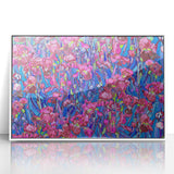 Mid-century modernist art depicting a starry night scene in acrylic on a white framed poster.