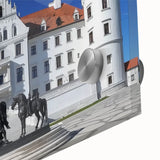 Close-up of an acrylic glass artwork showcasing a vibrant landscape with a majestic castle, surrounded by lush greenery and a clear blue sky, perfect for home decor.