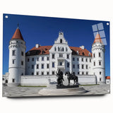 Acrylic glass artwork showcasing a picturesque landscape of a medieval castle, viewed from the side with decorative pins, suitable for home decor and art enthusiasts.