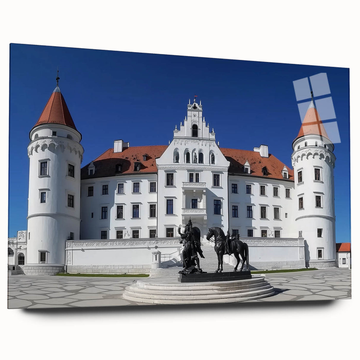 Acrylic glass landscape artwork showcasing a majestic castle surrounded by vibrant greenery, viewed from the side. Ideal for home decor and art enthusiasts.