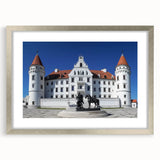 Elegant silver-framed landscape artwork depicting a majestic castle, set against a serene backdrop, showcasing fine details and a mat finish for an upscale home decor accent.