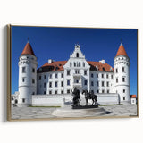 Framed canvas artwork depicting a serene landscape with an elegant castle, featuring a gold frame and side view showcasing detailed textures and rich colors. Perfect for enhancing home decor.