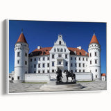 Framed canvas artwork showcasing a picturesque landscape with a majestic castle, presented in a white frame. The vibrant colors and detailed scenery add elegance to any room decor. Perfect for enhancing living spaces or as a thoughtful gift for art lovers.