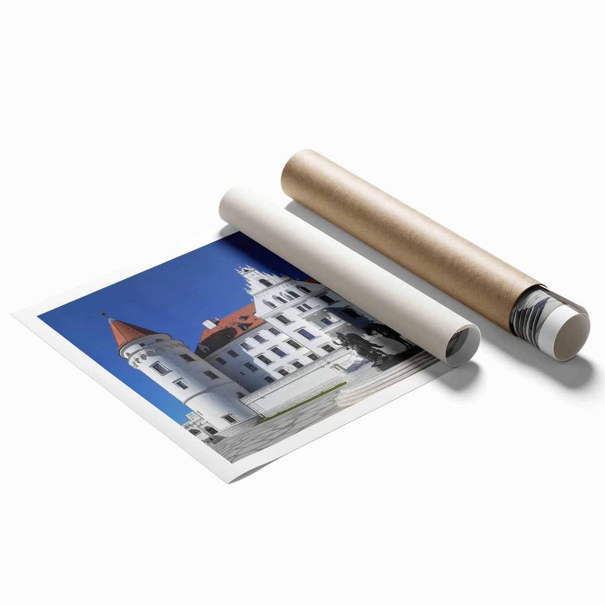 Panoramic landscape illustration showcasing a majestic castle surrounded by lush greenery and vibrant skies, printed on high-quality rolled canvas for art enthusiasts.
