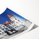 Colorful rolled canvas print showcasing a serene landscape with a majestic castle, featuring vibrant hues and intricate details, packaged securely in a protective tube. Perfect for home decor enthusiasts and art lovers.