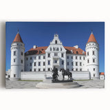 Stretched canvas artwork depicting a majestic landscape featuring a medieval castle surrounded by vibrant greenery, perfect for enhancing home decor.