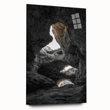 Acrylic glass artwork depicting a vibrant landscape scene with intricate cave formations, showcased from a side view, ideal for modern home decor.