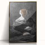 Framed acrylic artwork showcasing a stunning landscape with intricate cave formations, highlighted by a gold frame, perfect for modern home decor.