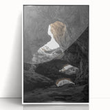 Framed acrylic artwork showcasing a serene landscape scene with caves, featuring a white frame and front view, perfect for home decor and art enthusiasts.