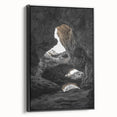Framed canvas art depicting a serene cave landscape, showcasing rich earth tones and intricate details, with a sleek black frame enhancing its modern aesthetic. Ideal for adding a touch of nature-inspired elegance to home decor.