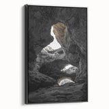 Framed canvas art depicting a serene cave landscape, showcasing rich earth tones and intricate details, with a sleek black frame enhancing its modern aesthetic. Ideal for adding a touch of nature-inspired elegance to home decor.