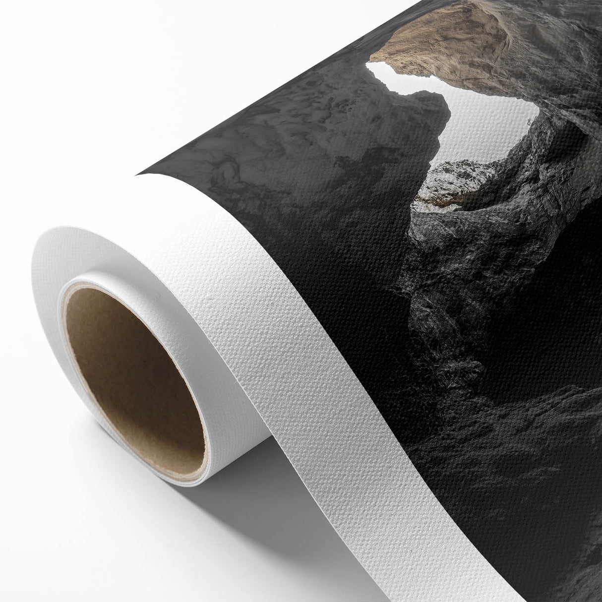 Rolled canvas artwork showcasing a vibrant landscape with caves and natural elements, designed for wall display, featuring rich colors and intricate details. Packaged securely for safe delivery.