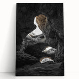 Stretched canvas artwork featuring a vibrant landscape with intricate cave formations, showcasing natural colors and textures, ideal for modern home decor.