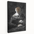 Stretched canvas artwork depicting a serene landscape with caves, showcasing earthy tones and intricate details, ideal for home decor or office spaces.
