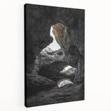 Stretched canvas artwork depicting a serene landscape with caves, showcasing earthy tones and intricate details, ideal for home decor or office spaces.