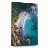 Acrylic glass artwork depicting a breathtaking landscape of rugged cliffs and serene ocean waves, showcasing vibrant colors and intricate details, perfect for modern decor.