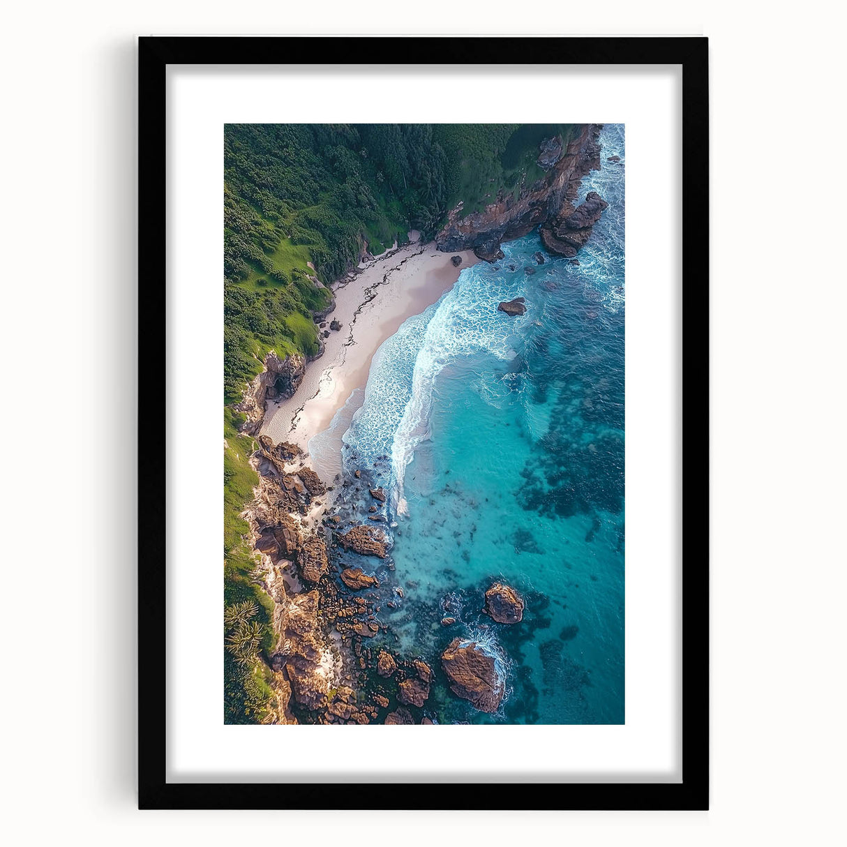 Black-framed landscape artwork depicting majestic cliffs, elegantly matted, ideal for home decor and interior design, enhancing modern aesthetics.