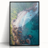 Framed acrylic artwork showcasing a stunning cliff landscape with vibrant colors and intricate details, set against a sleek black frame for modern decor.