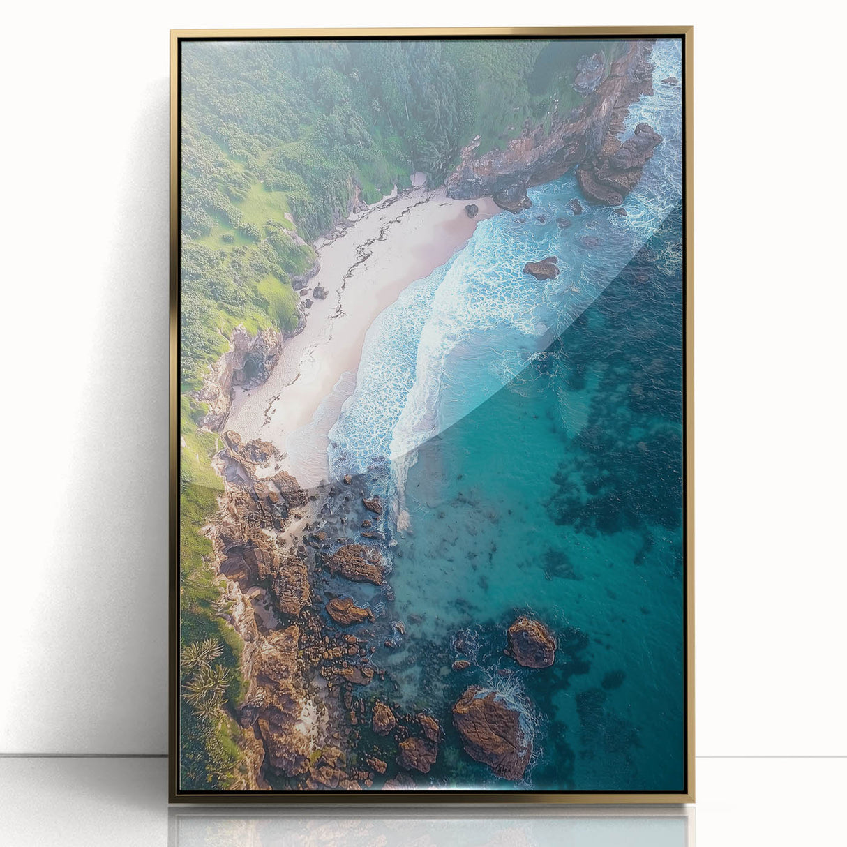 Framed acrylic artwork depicting a dramatic cliff landscape in gold tones, showcasing intricate details and textures, ideal for modern home decor.