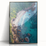 Framed acrylic artwork showcasing a stunning landscape with dramatic cliffs, featuring silver accents and a modern design, ideal for contemporary home decor.