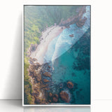 Framed acrylic artwork showcasing a breathtaking landscape of cliffs under a vibrant sunset, with a sleek white frame enhancing its modern appeal. This stunning piece adds depth and color to any room, perfect for nature lovers and art enthusiasts.