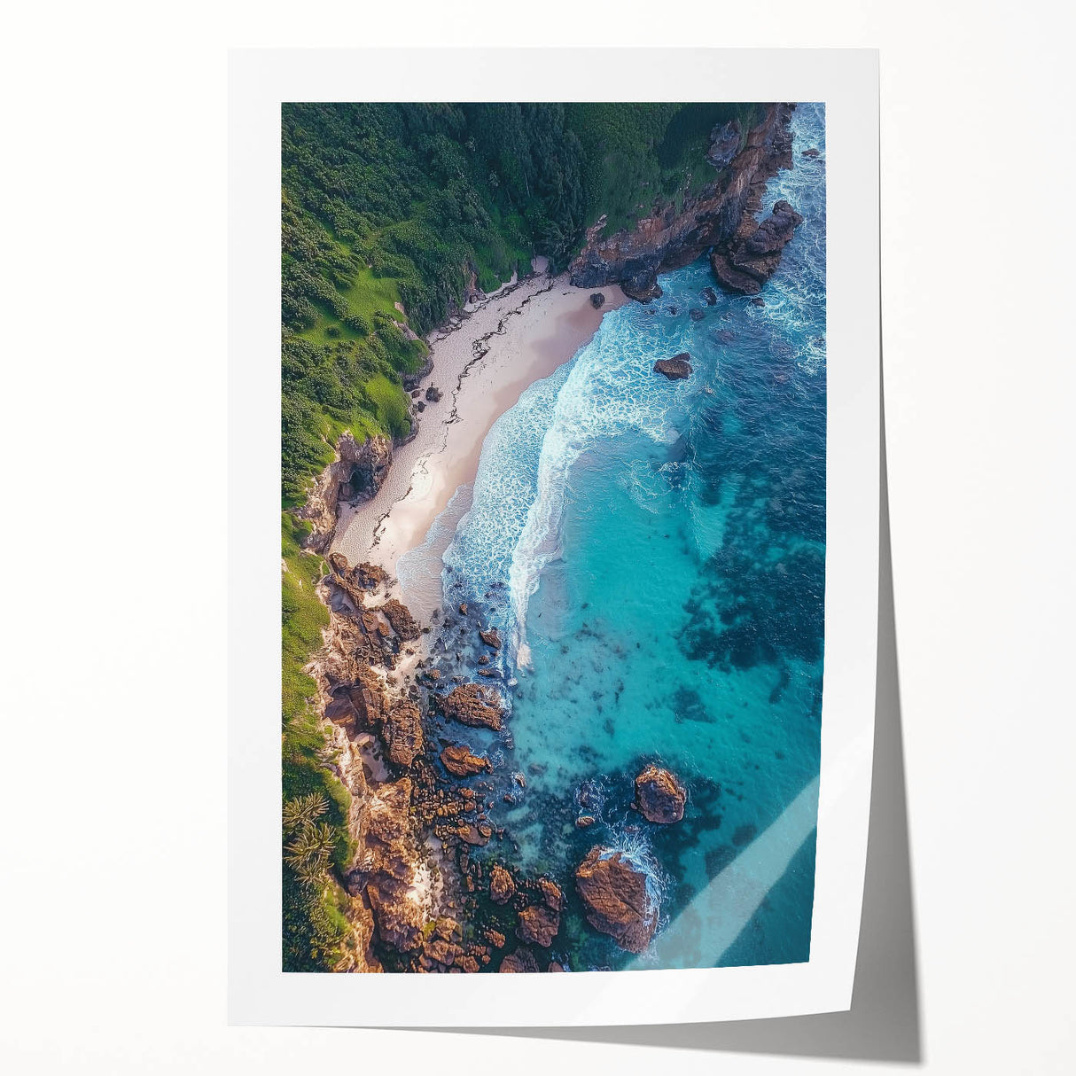Stunning landscape print showcasing rugged cliffs and dramatic sky, rolled and securely packaged in a protective cardboard tube, ideal for home or office decor.