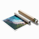 Stunning rolled print showcasing a vibrant landscape of majestic cliffs under a bright blue sky, beautifully packaged in a protective cardboard tube for easy transport.