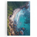 Stretched canvas artwork depicting a vibrant landscape of cliffs under a blue sky, showcasing natural beauty and serene colors, perfect for home decor.