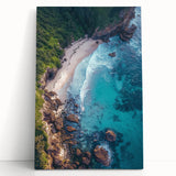 Stretched canvas artwork showcasing a dramatic cliff landscape with vibrant colors, perfect for home decor, leaning against a wall to emphasize its artistic depth.