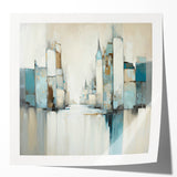 Abstract architectural wall art print showcasing a modern design with geometric shapes and vibrant colors, elegantly displayed in a glossy mockup setting.