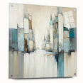 Abstract architectural wall art displayed in a side view, showcasing vibrant colors and geometric shapes on acrylic glass, elegantly pinned to the wall.