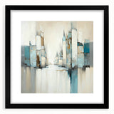 Abstract wall art featuring modern architectural design with a black frame and mat, showcasing geometric shapes and contrasting colors, perfect for contemporary decor.