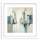 Abstract architectural wall art framed in white with a mat, showcasing geometric shapes and soft colors, perfect for modern home decor.