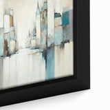 Close-up view of a framed abstract architecture wall art piece showcasing intricate geometric patterns in shades of blue and gold, perfect for modern home decor.