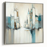 Framed abstract architecture wall art featuring a silver color palette, showcasing geometric shapes and modern design elements, ideal for contemporary home decor.