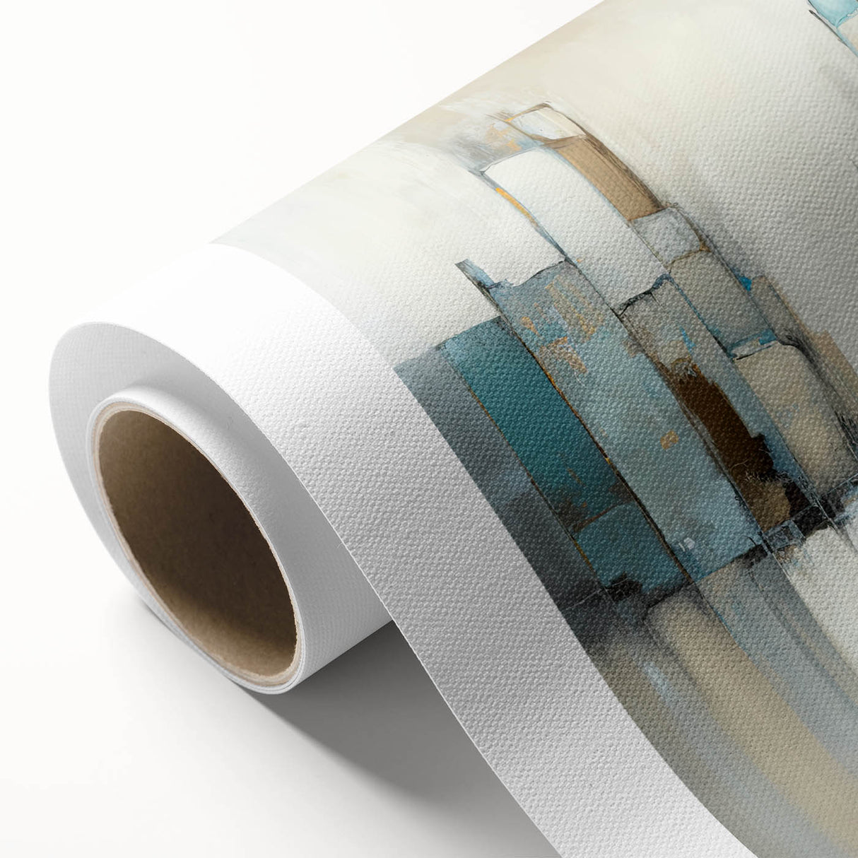 Abstract architectural wall art design on rolled canvas showcasing dynamic geometric patterns in shades of blue and gold, ideal for modern home decor.